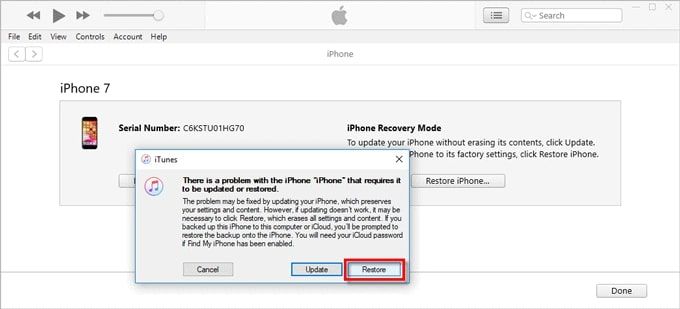 click on the restore button