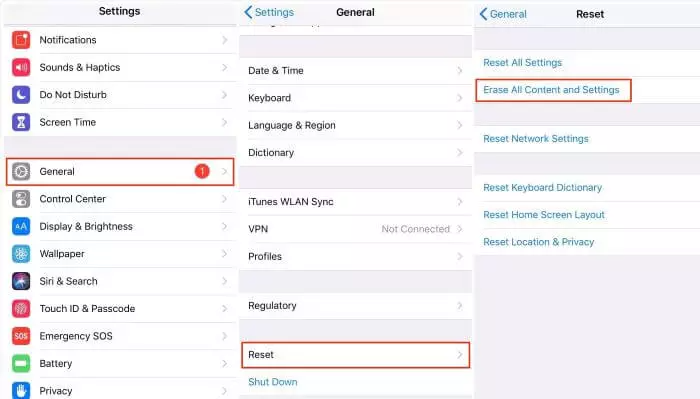 tap on the erase all content and settings option