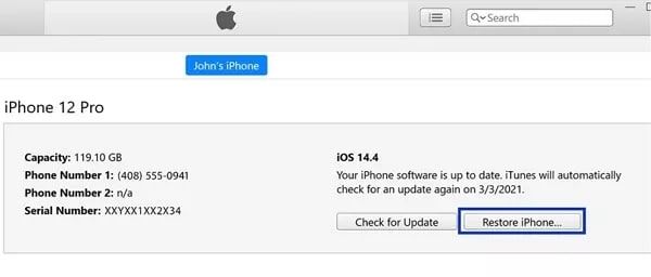 tap on the restore iphone option