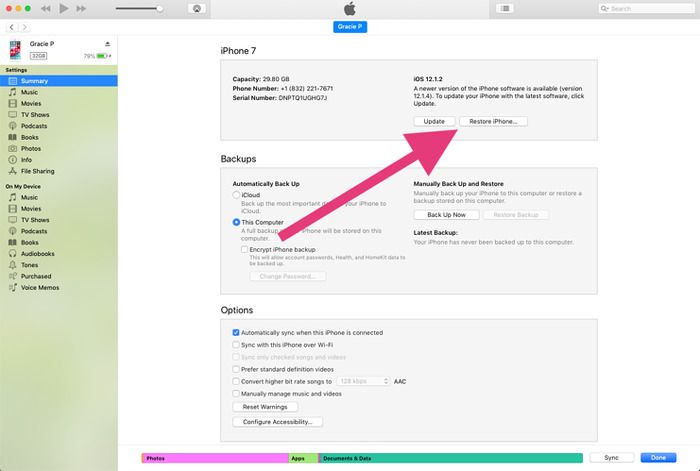 tap on the restore iphone option