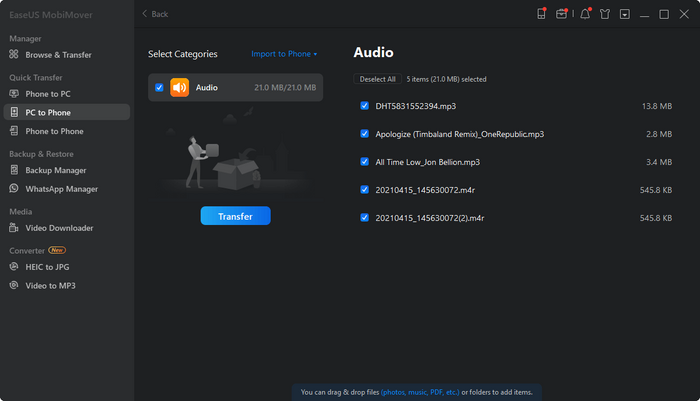 click on the transfer button