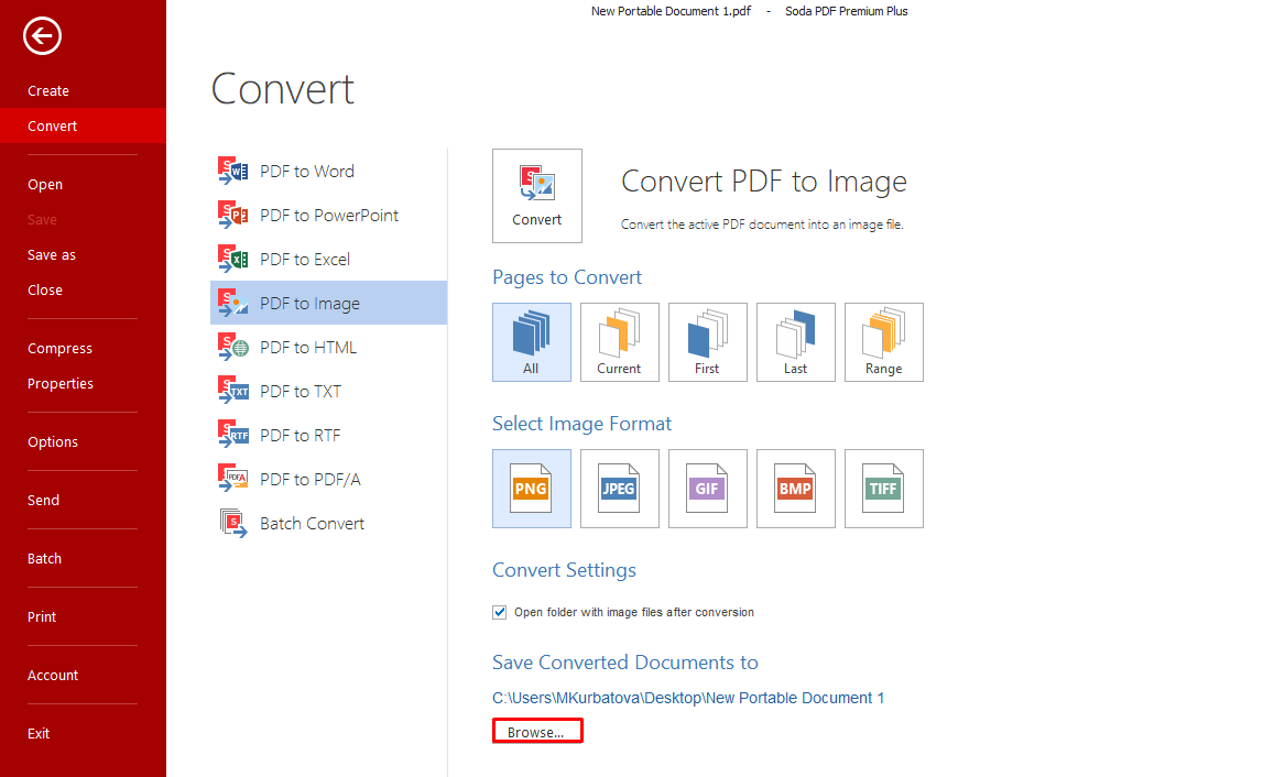 Converting PDF to PNG using Soda PDF