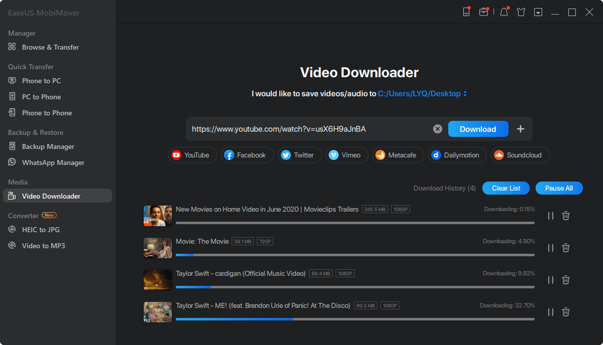 Copy the URL of the video to EaseUS MobiMover