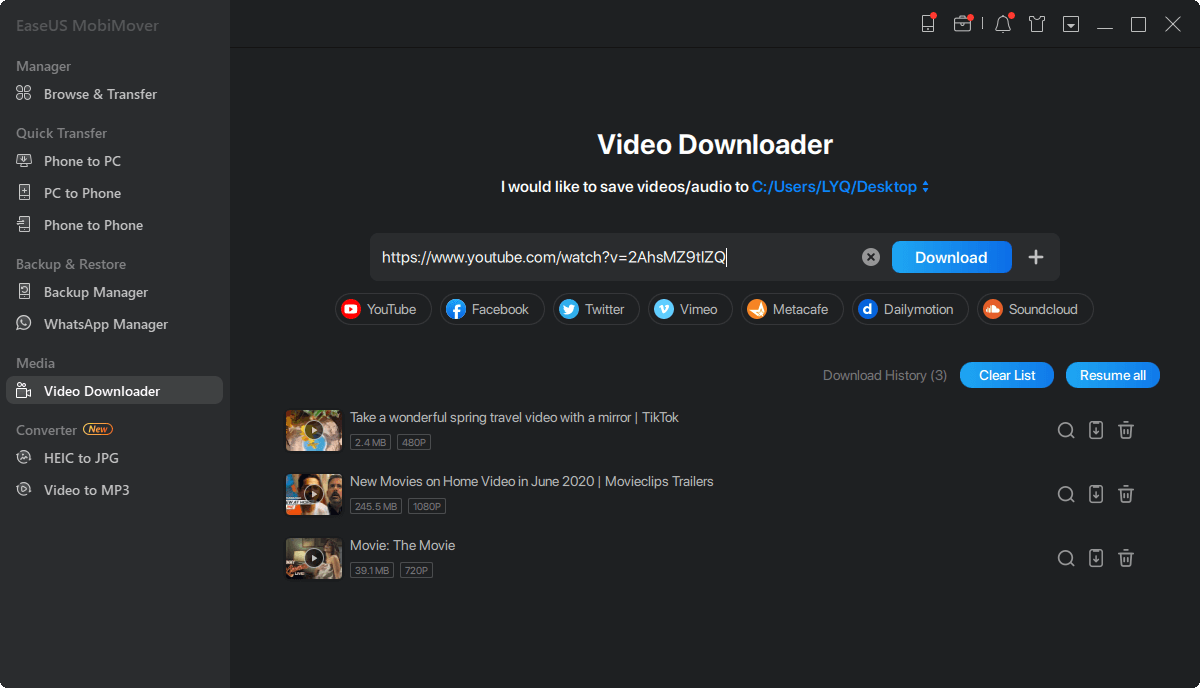 Launch EaseUS MobiMover to download videos