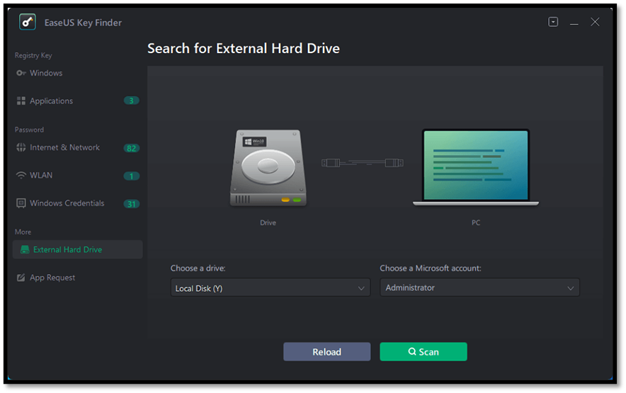 Use EaseUS Key Finder to recover product key from external driv