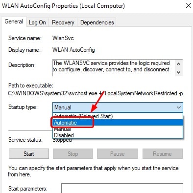 click on the wlan autoconfig properties