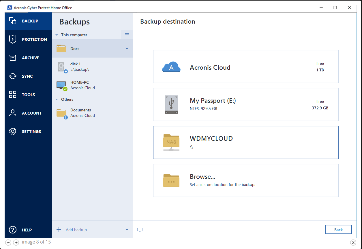 choose destination for the backup