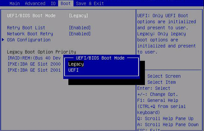 Changing the Boot mode Legacy or UEFI in the BIOS