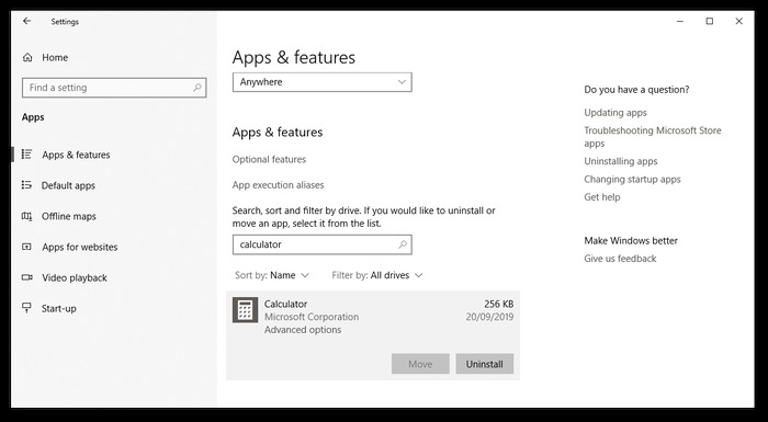 reset windows 10 calculator