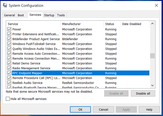 check the rpc service status