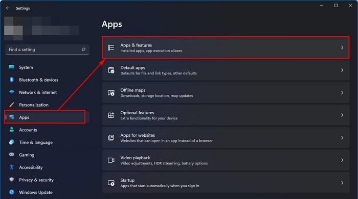 apps and features option