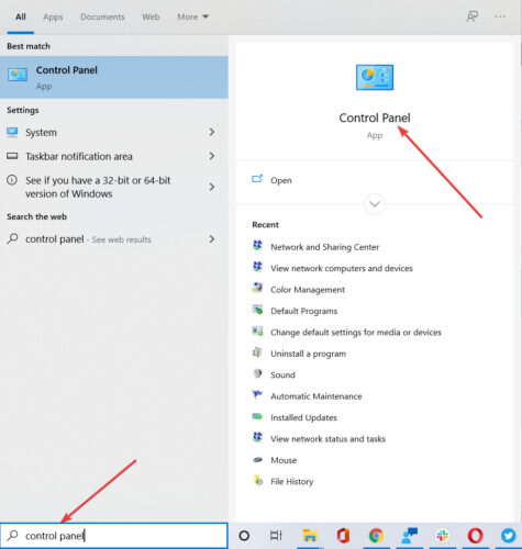 restore pc open control panel