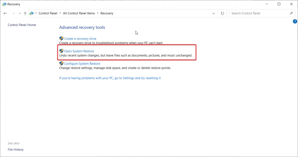 restore pc open system restore