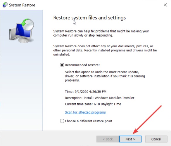 restore pc restore system files and settings
