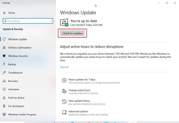 update windows check for updates