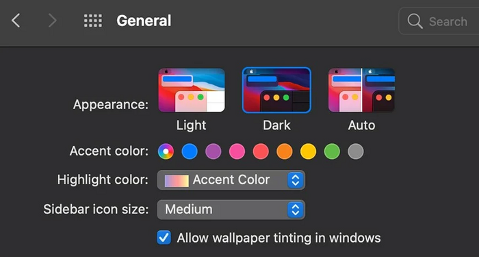 select light appearance option
