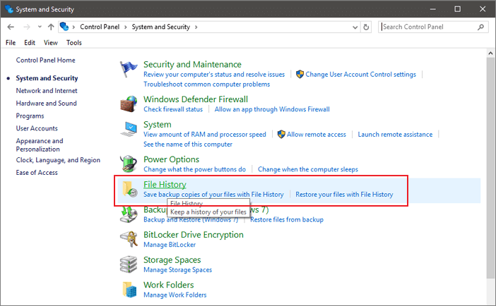 delete file history windows 10 step1