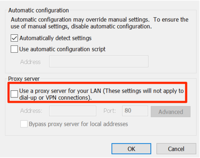 Figure 2: To disable proxy uncheck Use a proxy server for your LAN