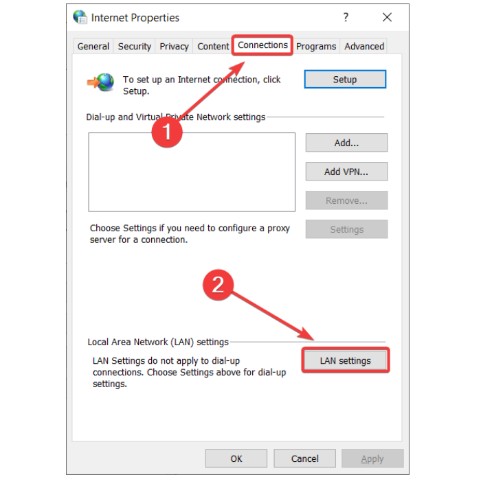 Figure 1: Disabling Proxy Settings on Internet Properties