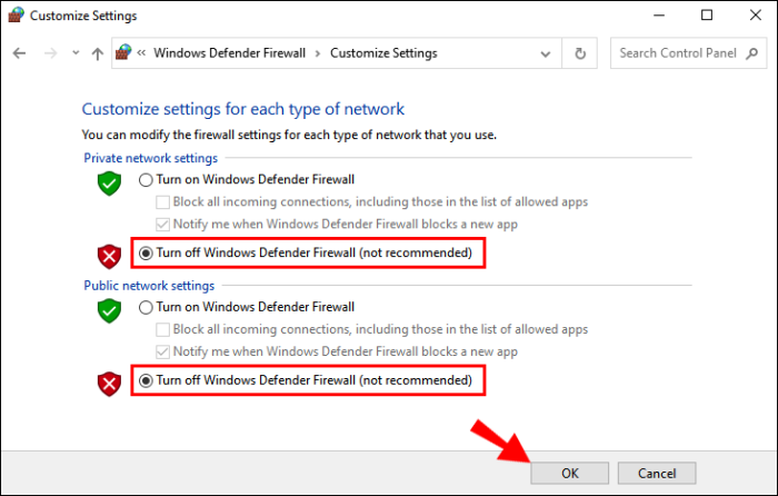 Turn off Windows Defender Firewall if the remote device won’t accept the connection