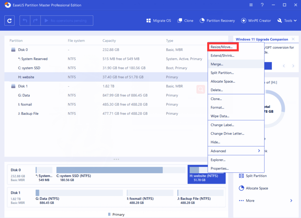 EaseUS partition master preview
