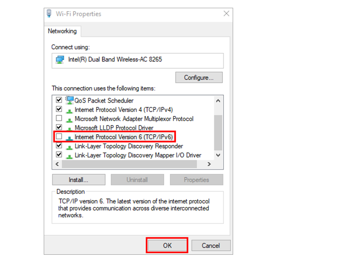Ethernet Doesn't Have A Valid IP Configuration  Disable IPv6 Step 4
