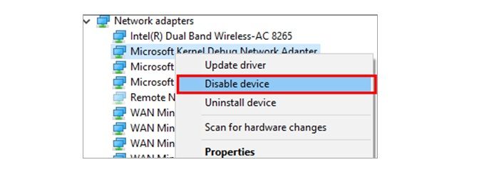 Ethernet Doesn't Have A Valid IP Configuration Disabling Microsoft Kernel Debug Network Adapter Step 3