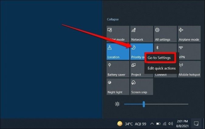 Enable focus assist to fix snip & sketch not working on Windows step 1