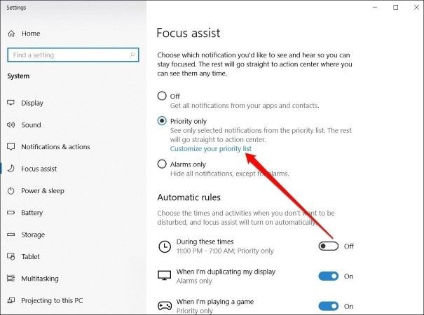 Enable focus assist to fix snip & sketch not working on Windows step 2