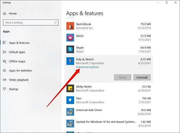 Reset the app to fix snip & sketch not working on Windows step 2