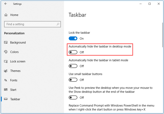 turn off auto hide mode via taskbar settings