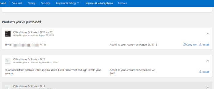 Get back your lost product key from Microsoft Account 
