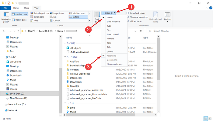 select the group ascending option