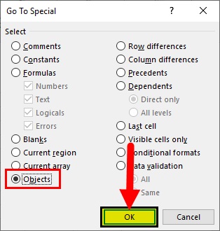 go to special function choose objects
