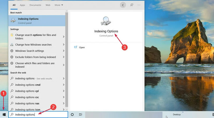 open the indexing options