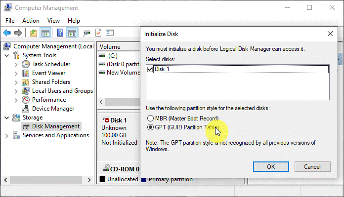 Initialize new hard drive to GPT