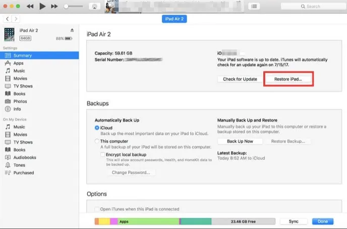 How to factory reset your iPad via iTunes.