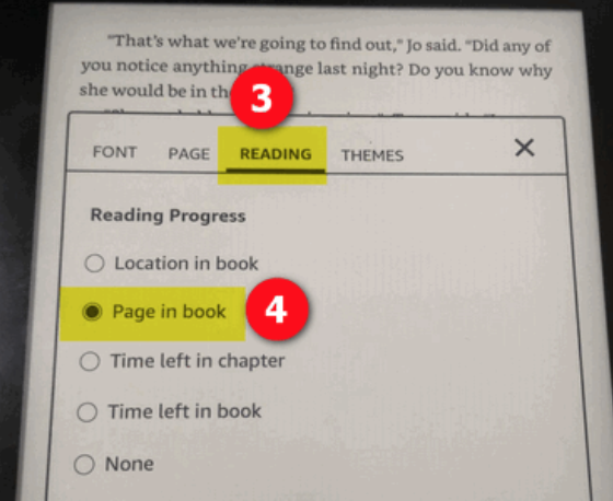 reading tab options in kindle