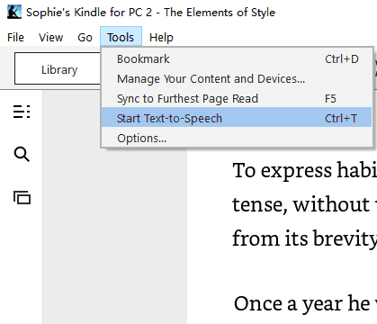 starting text to speech on kindle for pc
