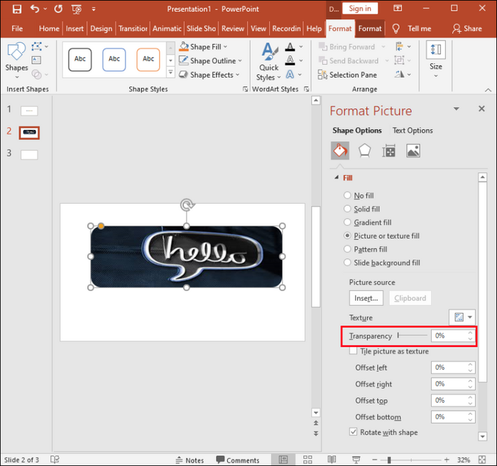 click on the transparency slider
