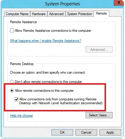allow remote connections to this computer
