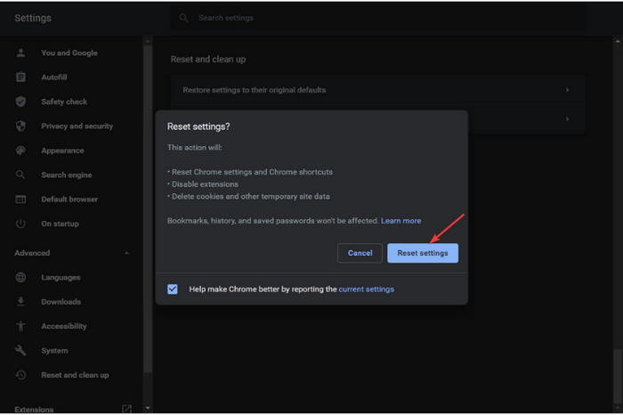 tap on the reset settings option