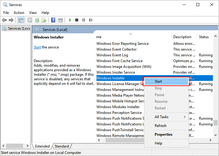 Start Windows Installer via Serivces