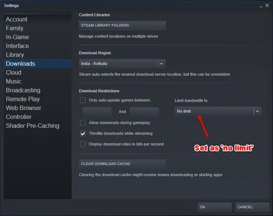 change bandwidth steam set no limit