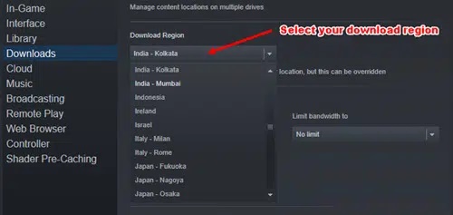 change region steam select download region