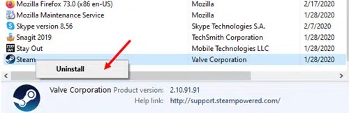 reinstall steam steam uninstall
