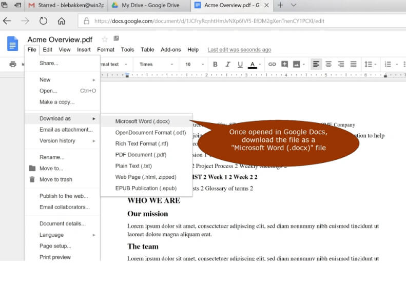 Start converting pdf to word using google drive