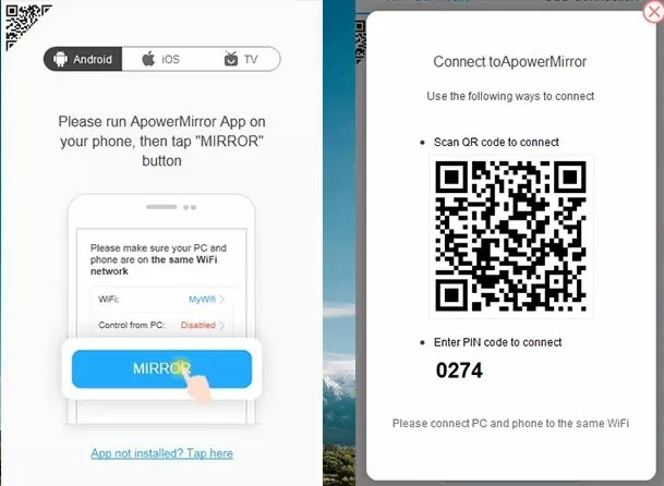 Stream music from Android to pc via PIN/QR code step 2