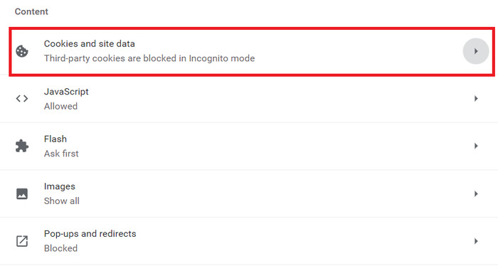 click on the cookies and site data option