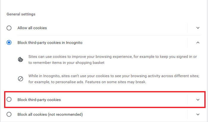 select block third-party cookies option